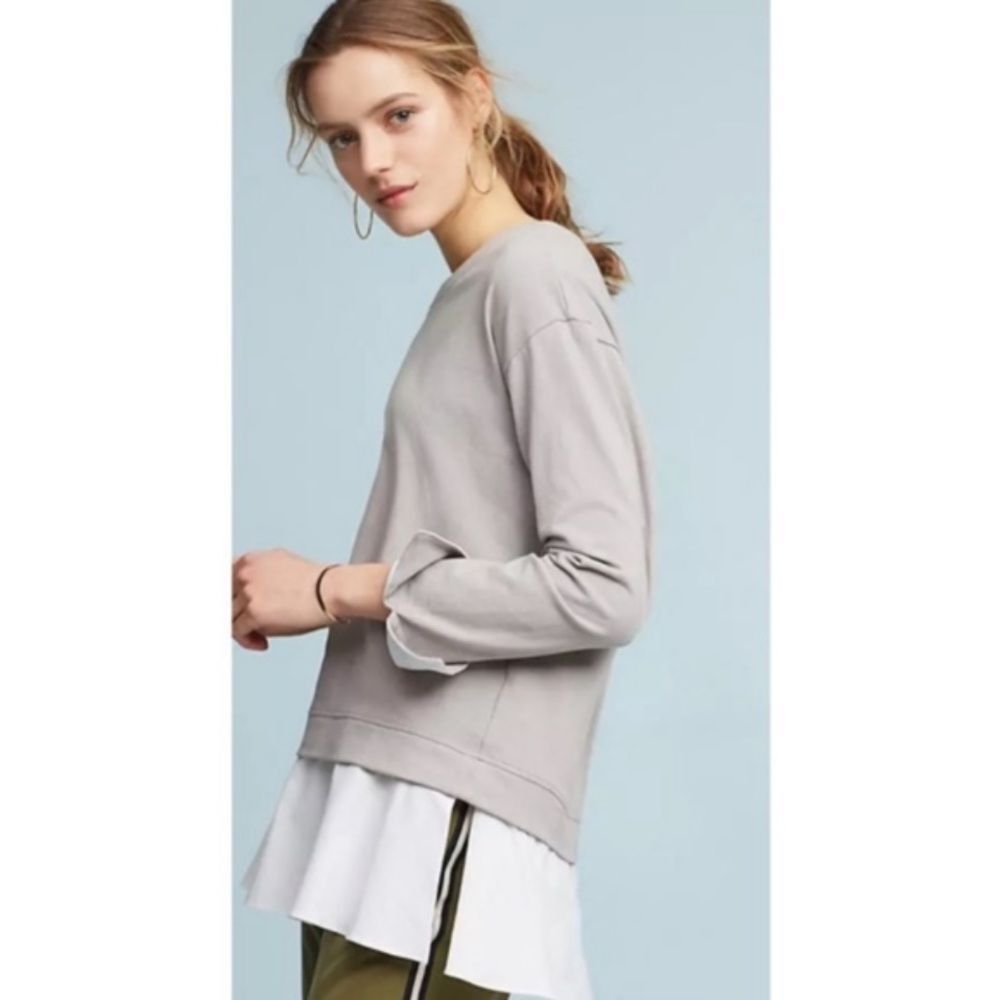 NWT Anthropologie Eri+Ali Poplin White Gray Crew Neck Long Sleeve Shirt Blouse
